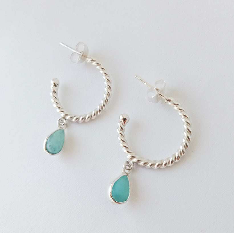 Larimar Twisted Silver Rope Hoops