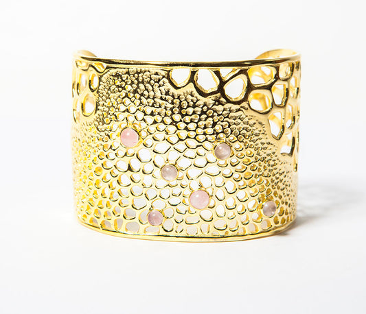 Labyrinth Coral Giant Gold Cuff with Rose Quartz