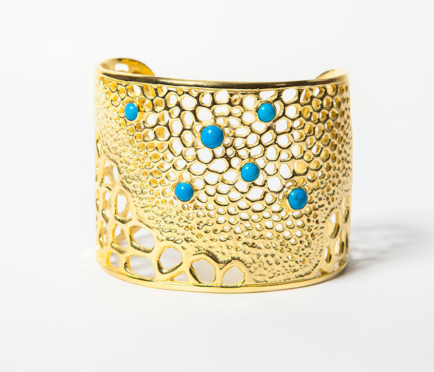Labyrinth Coral Giant Gold Cuff with Turquoise
