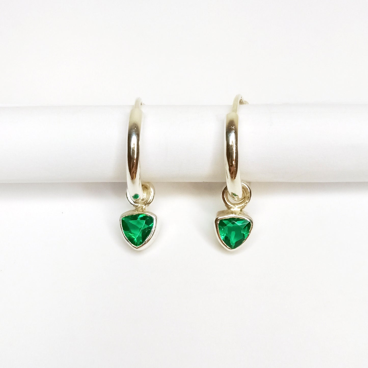 Triangle Emerald Green Quartz Trillion Silver Hoops
