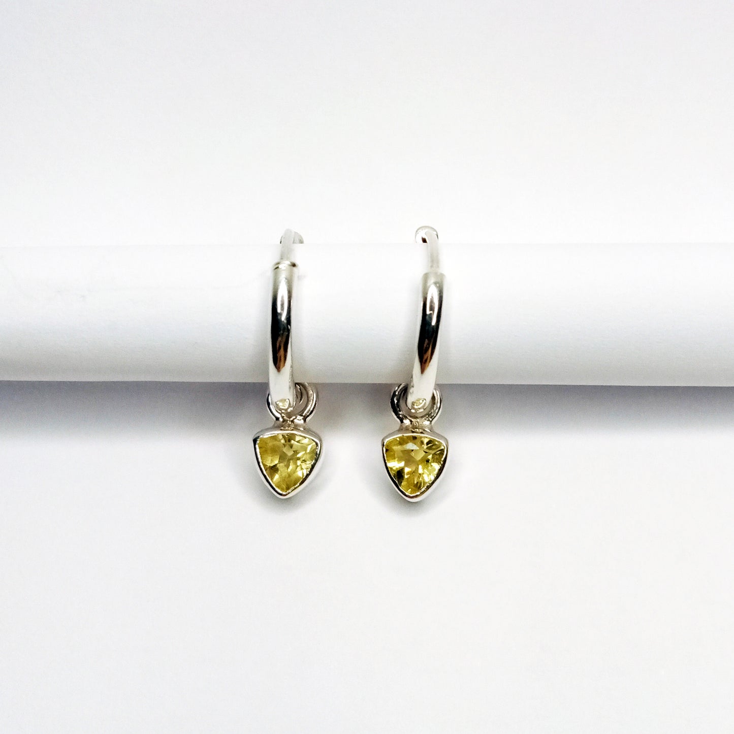 Triangle Yellow Quartz Silver Hoop Earrings