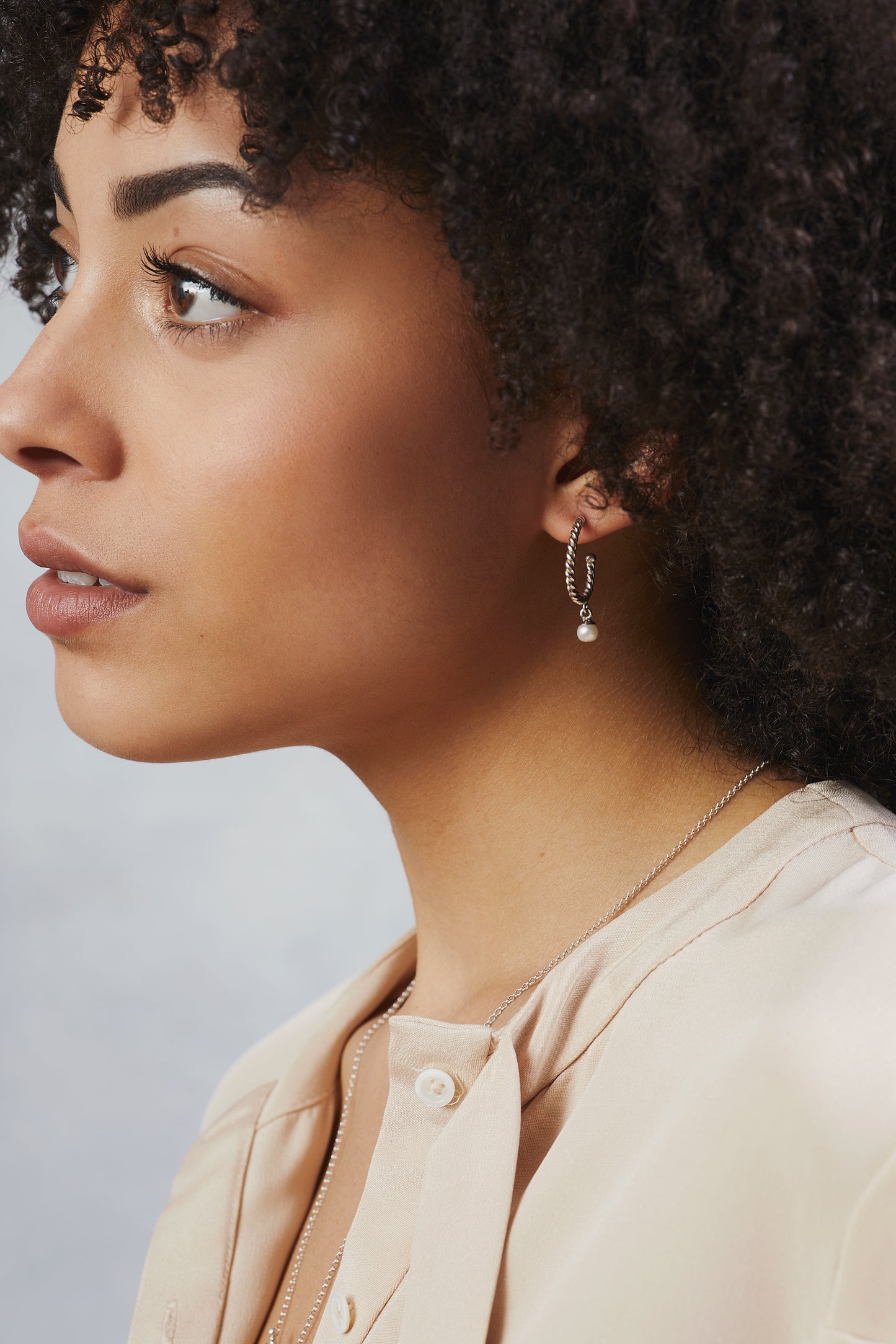 Small Twisted Silver Hoops with Seed Pearls