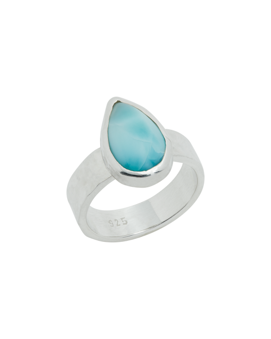 Larimar Teardrop Hammered Sterling Silver Ring