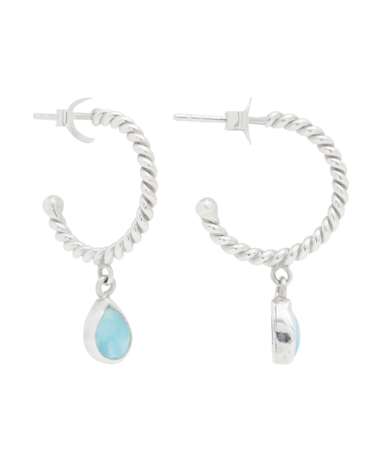 Larimar Teardrop Twisted Silver Rope Hoops