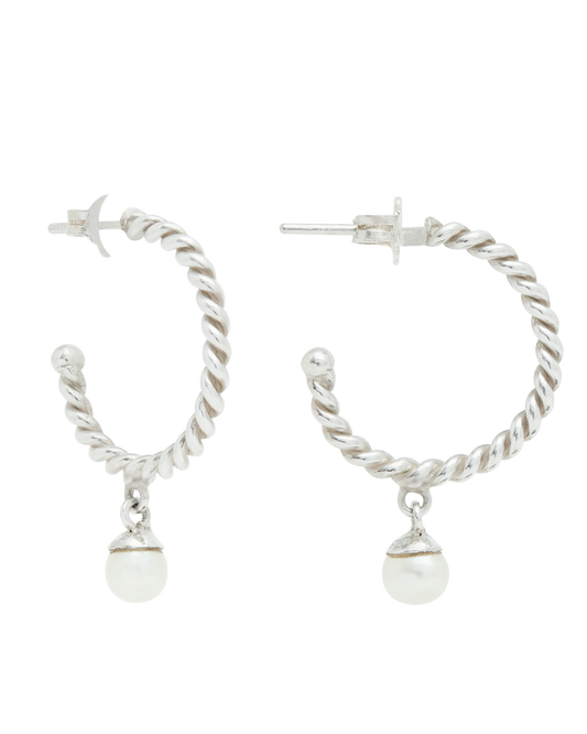 Twisted Silver Hoops with Seed Pearls