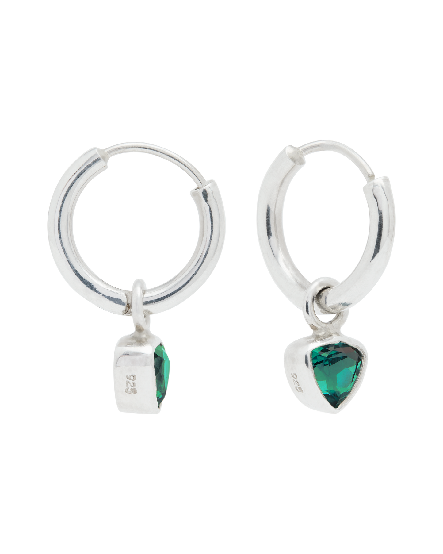 Triangle Emerald Green Quartz Trillion Silver Hoops