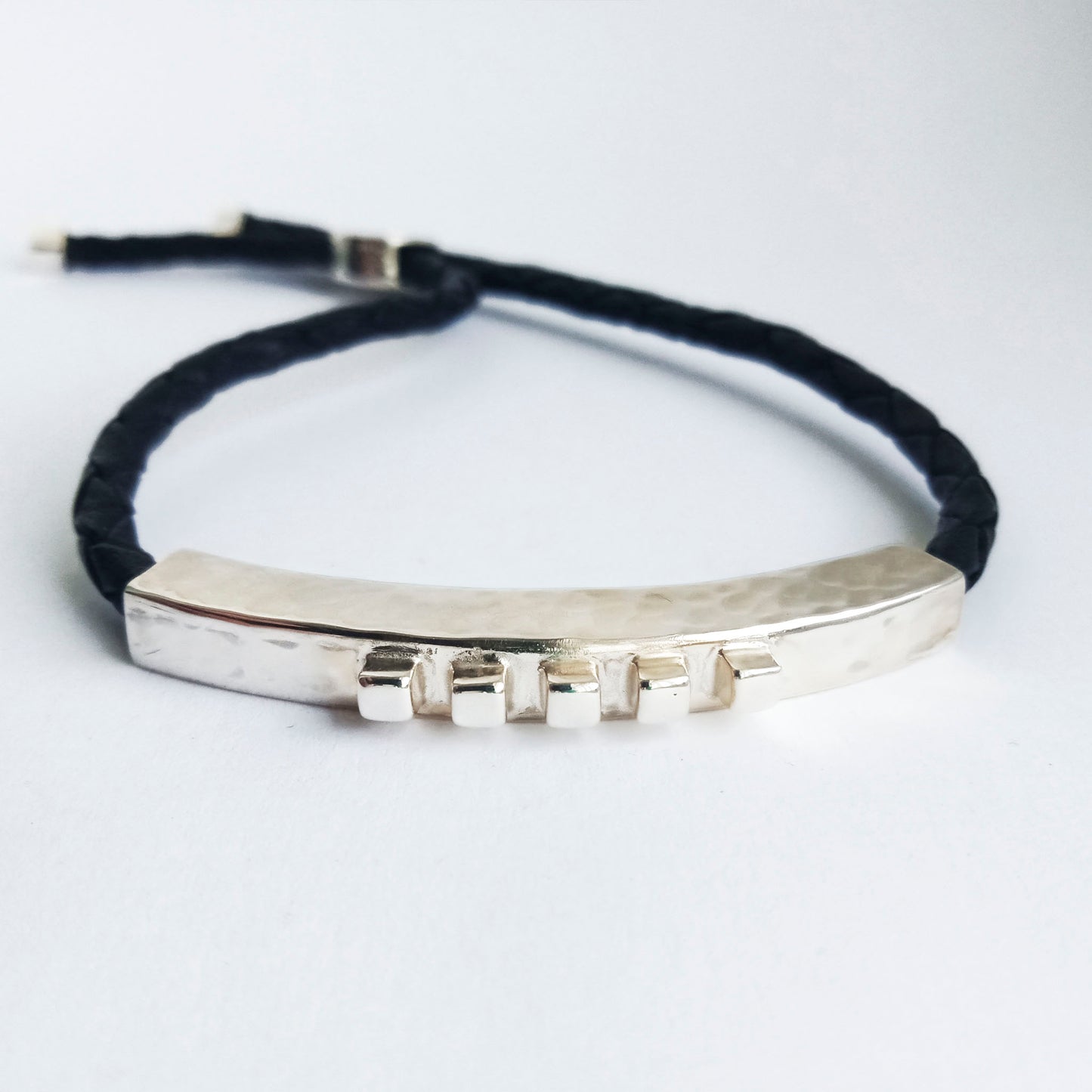 Gender Neutral Solid Silver Plinth Braided Leather Bracelet