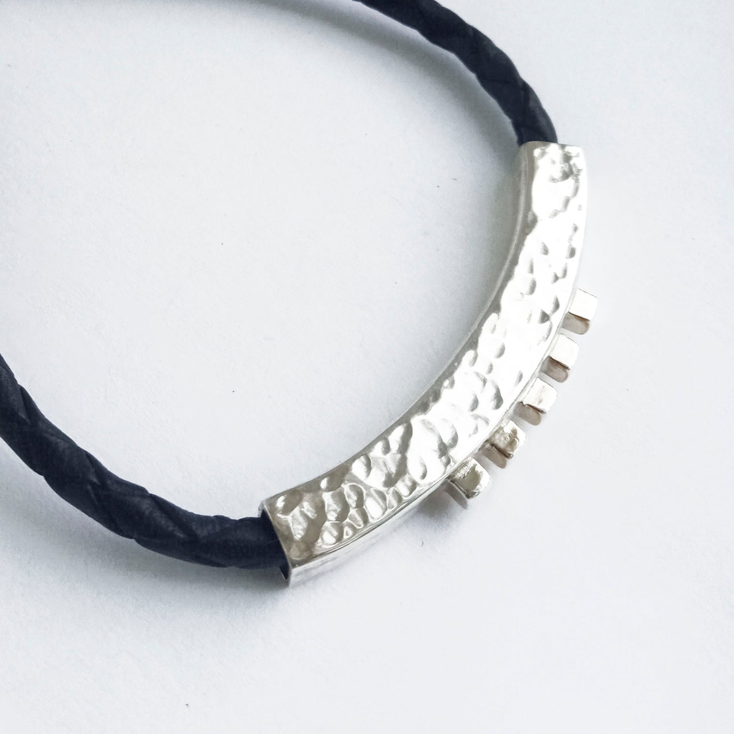 Gender Neutral Solid Silver Plinth Braided Leather Bracelet