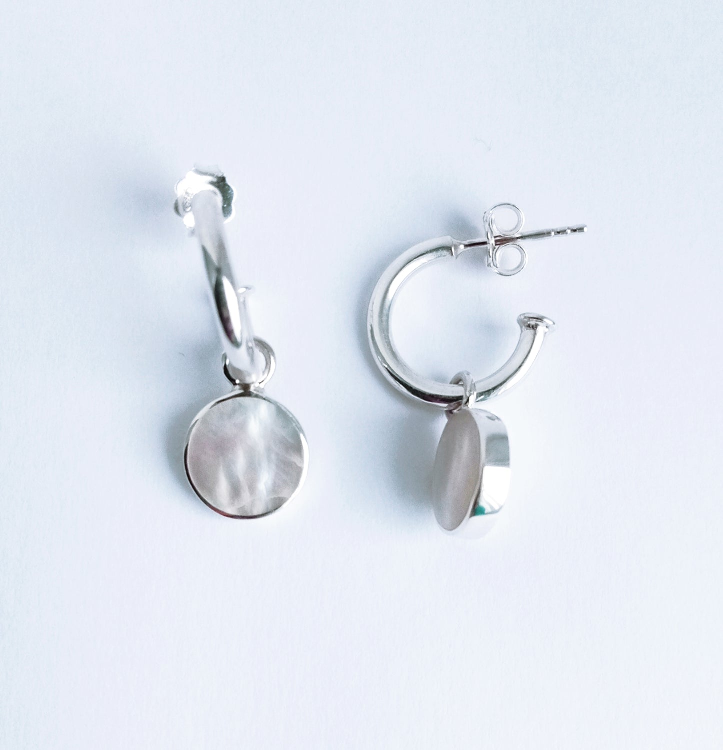 Silver Mother of Pearl Disk Hoop Earrings