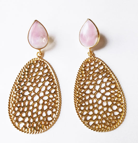 Labyrinth Teardrop Earrings with Rose Quartz Gemstone And 18kt Gold Plate