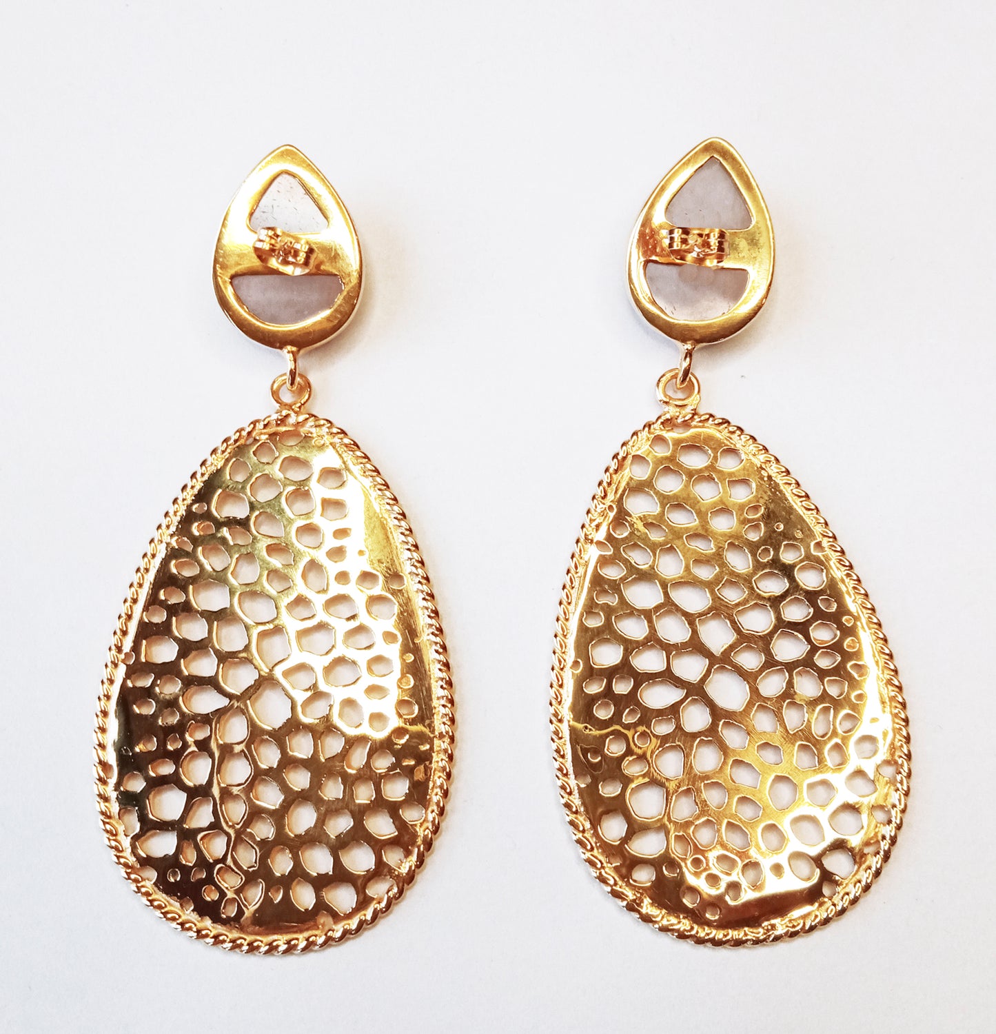 Labyrinth Teardrop Earrings with Rose Quartz Gemstone And 18kt Gold Plate