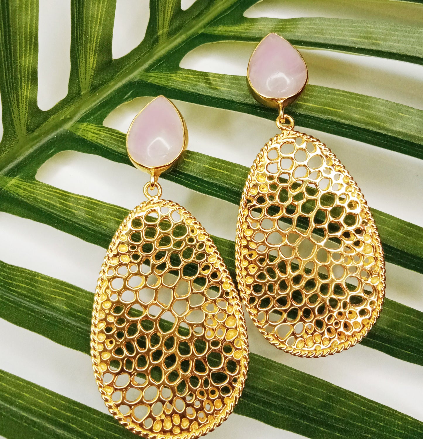 Labyrinth Teardrop Earrings with Rose Quartz Gemstone And 18kt Gold Plate