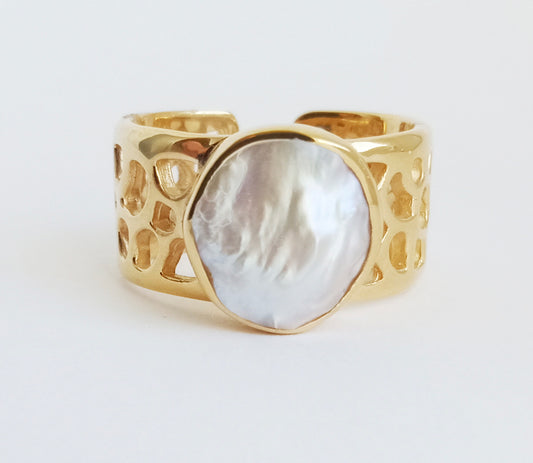 Chunky Baroque Natural Pearl Gold Ring Band - Open Back
