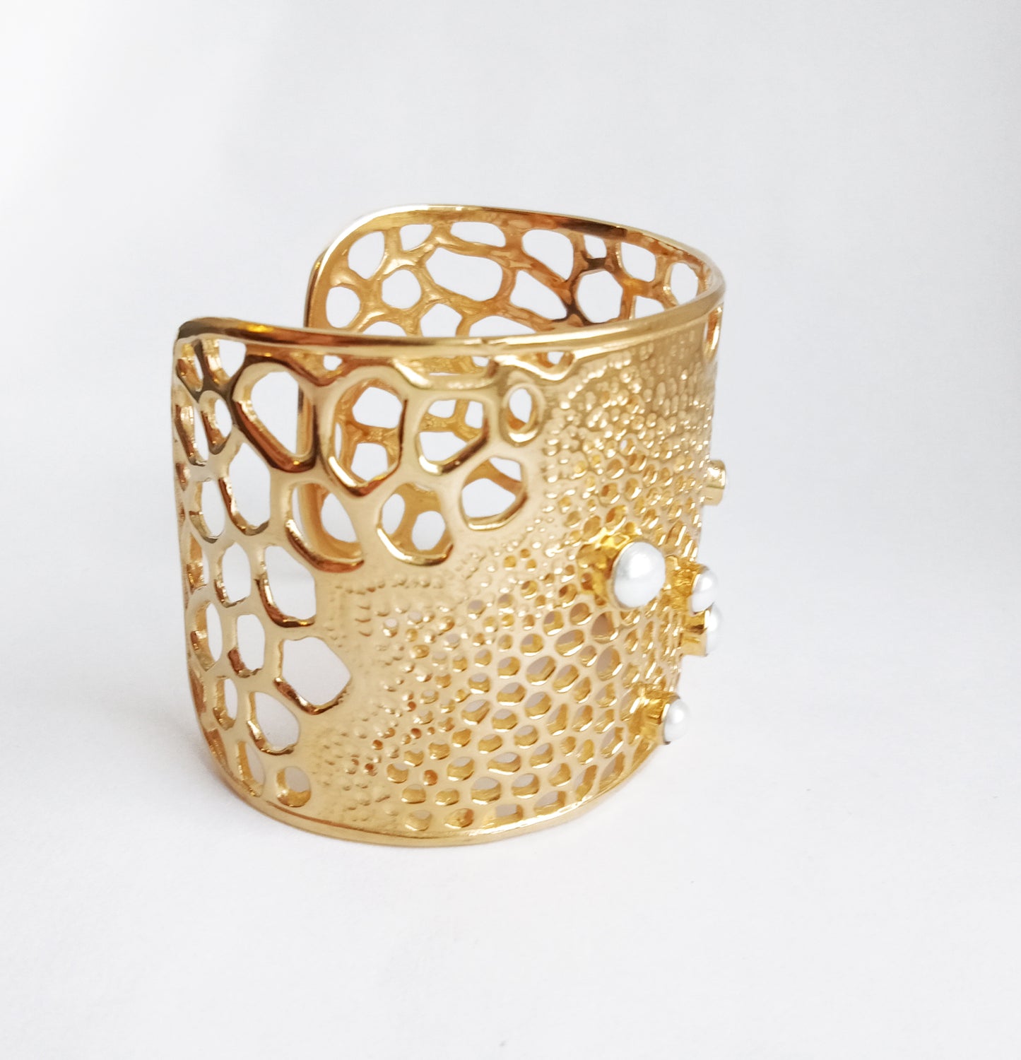Natural Keishi Bezel Set Giant 18kt Gold Cuff Bracelet