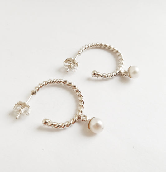 Small Twisted Silver Hoops with Seed Pearls
