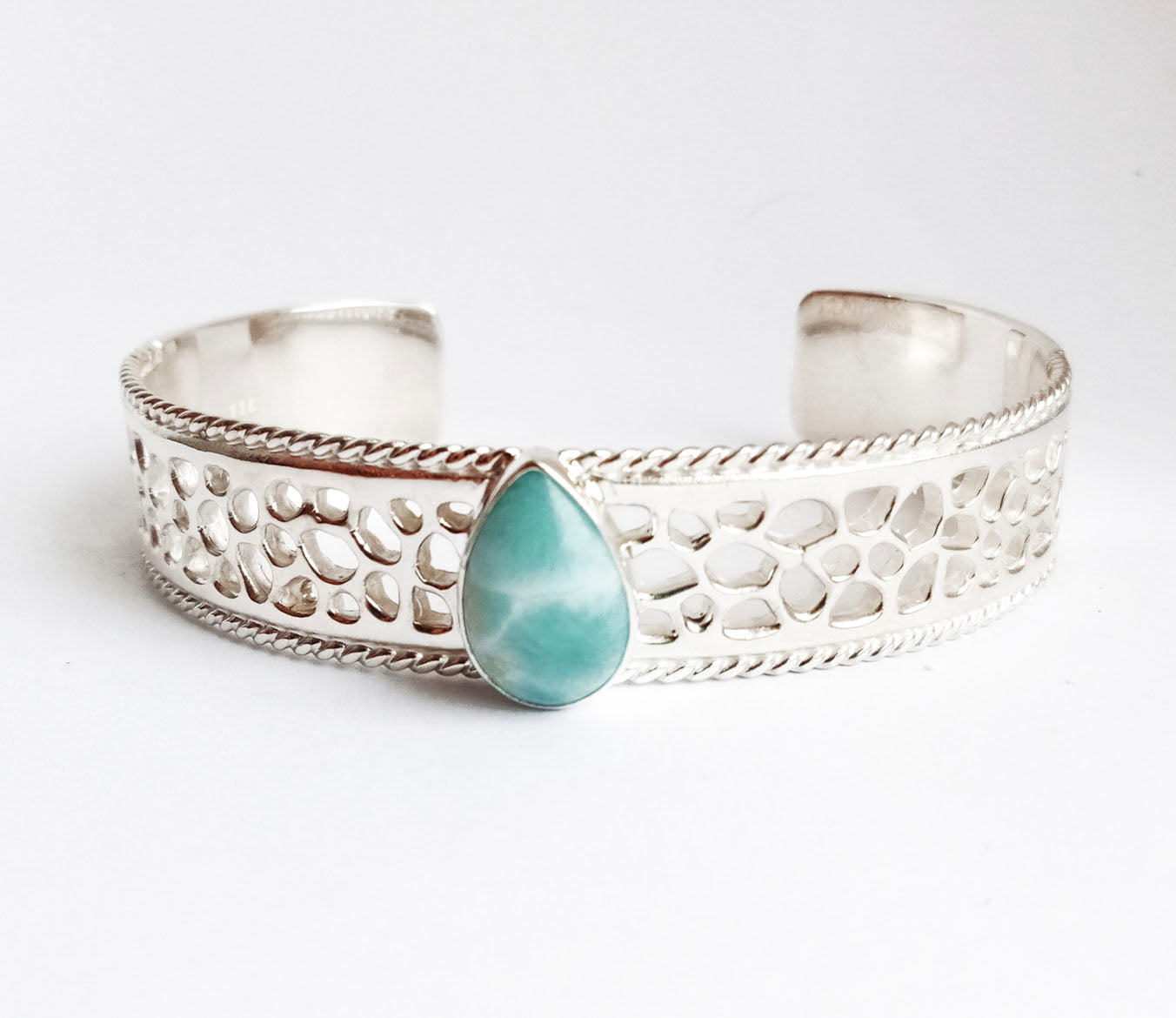 Larimar Sterling Silver Labyrinth Thin Cuff Bangle Bracelet