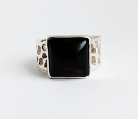 Unisex Black Onyx Chunky Silver Signet Ring