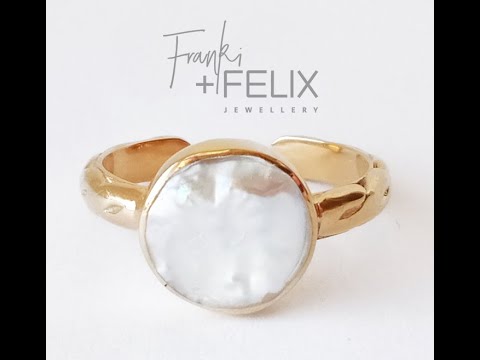 video of pearl ring with gold plated twisted rope band detail and adjustable open back made by Franki and Felix Jewellery