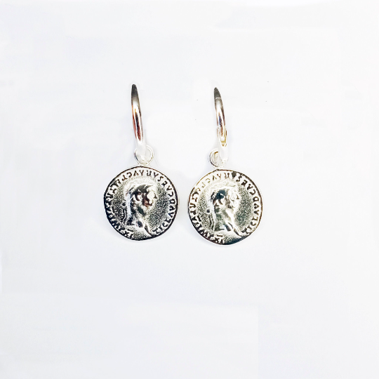 Sterling Silver Roman Coin Hoop Earrings